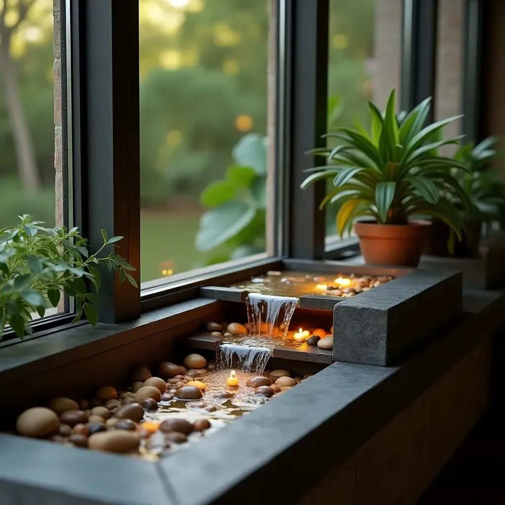 a photo of a balcony shelf featuring a small water feature and pebbles