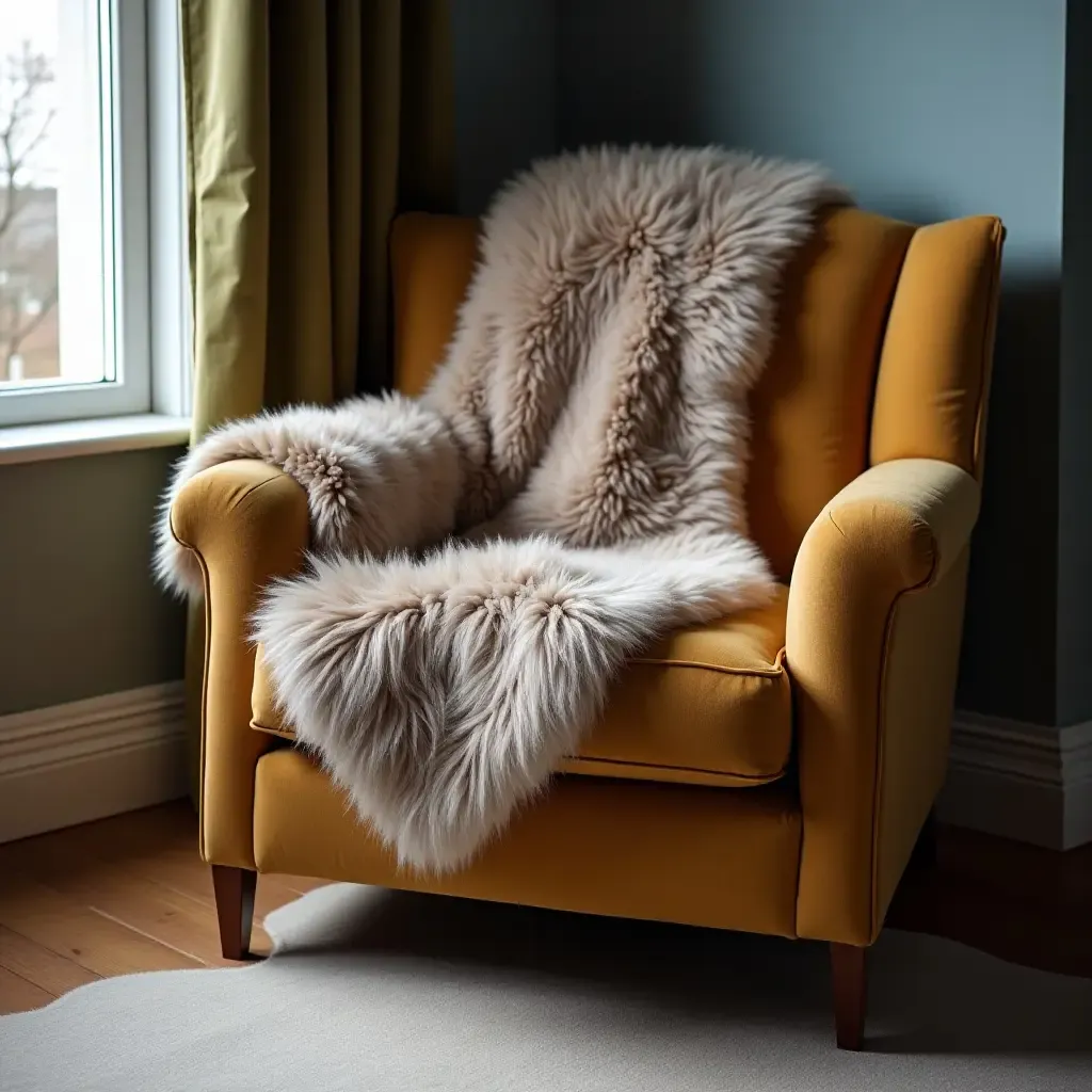 a photo of a stylish armchair with a faux fur throw