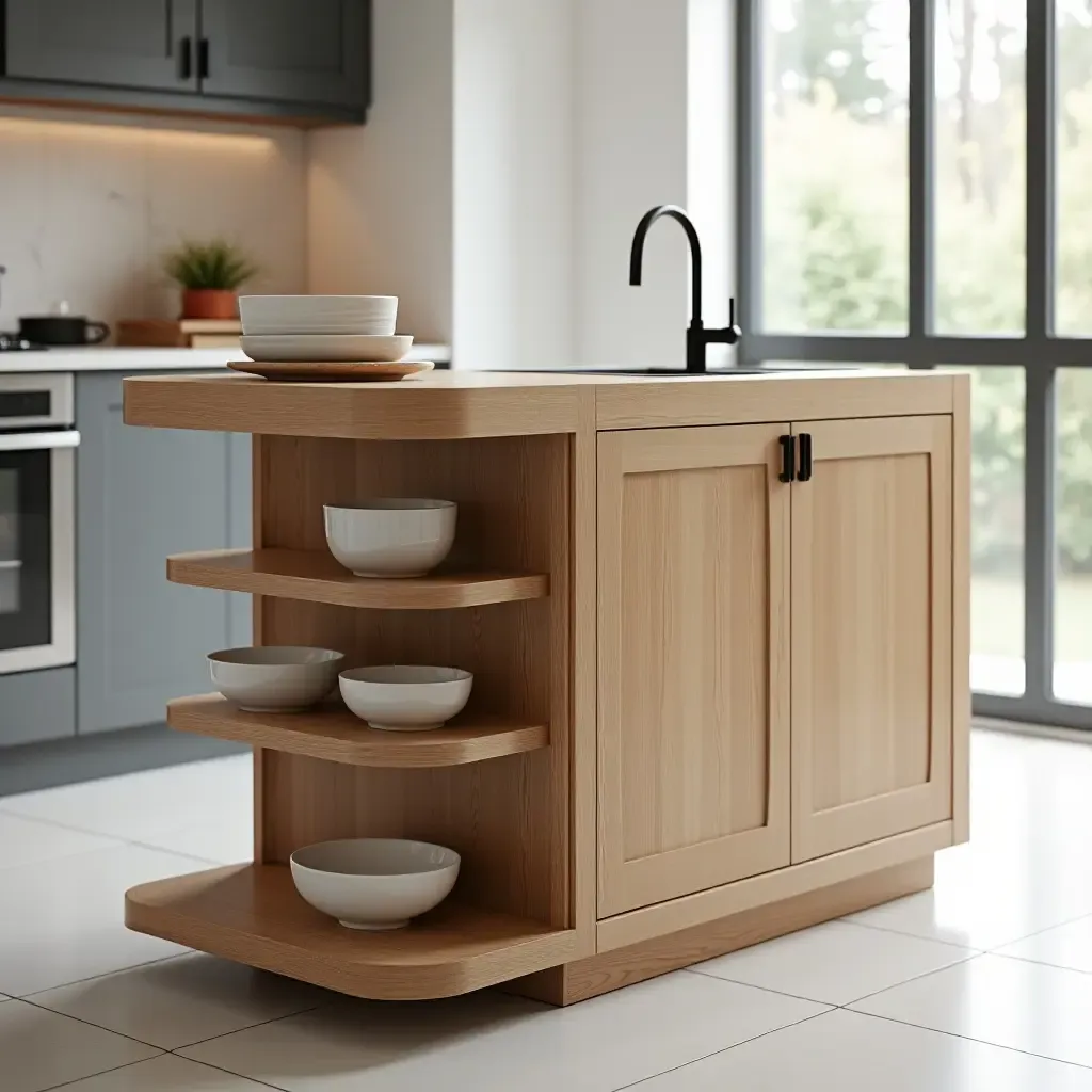 a photo of a compact kitchen island with foldable seating and smart storage