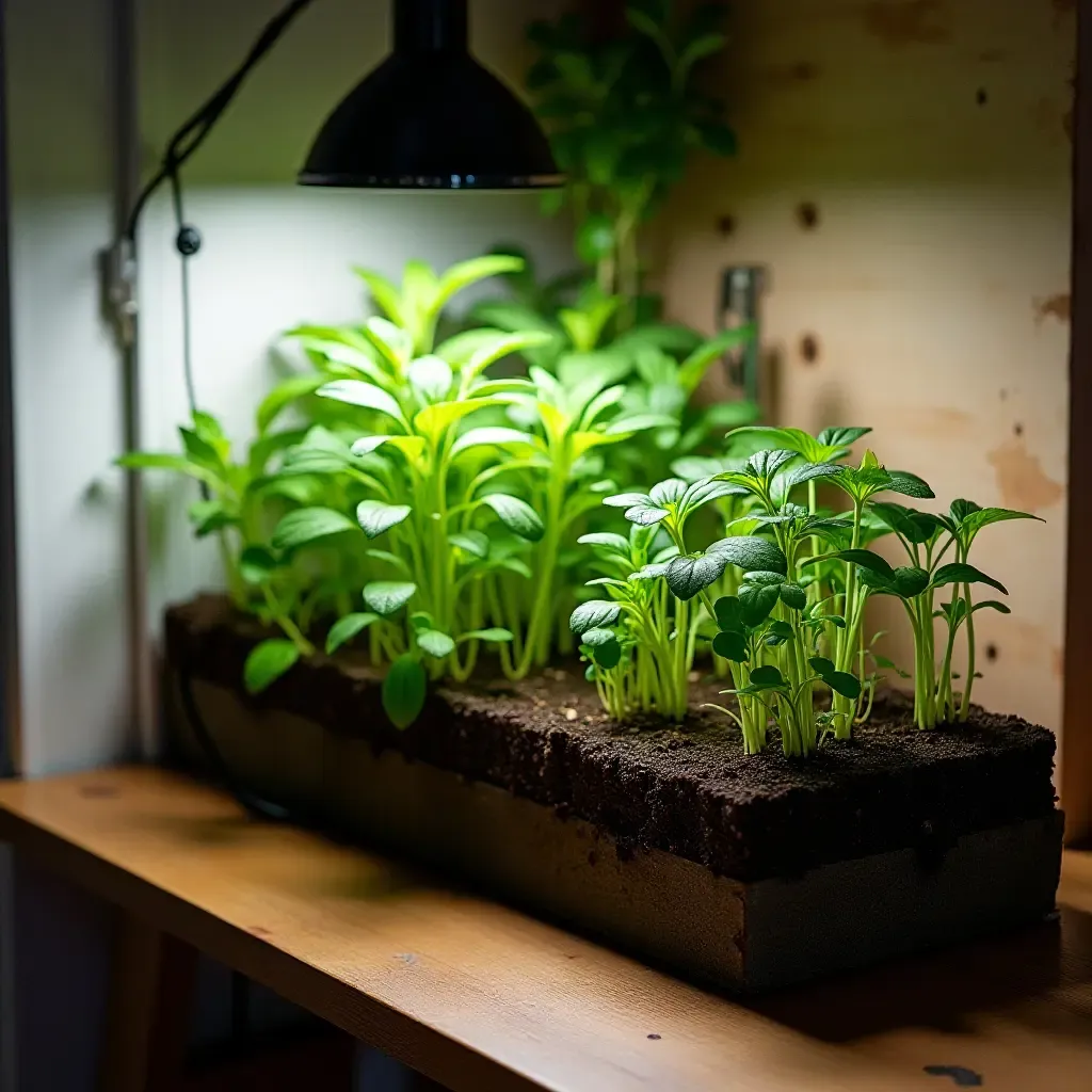 a photo of a basement corner with a miniature indoor herb garden