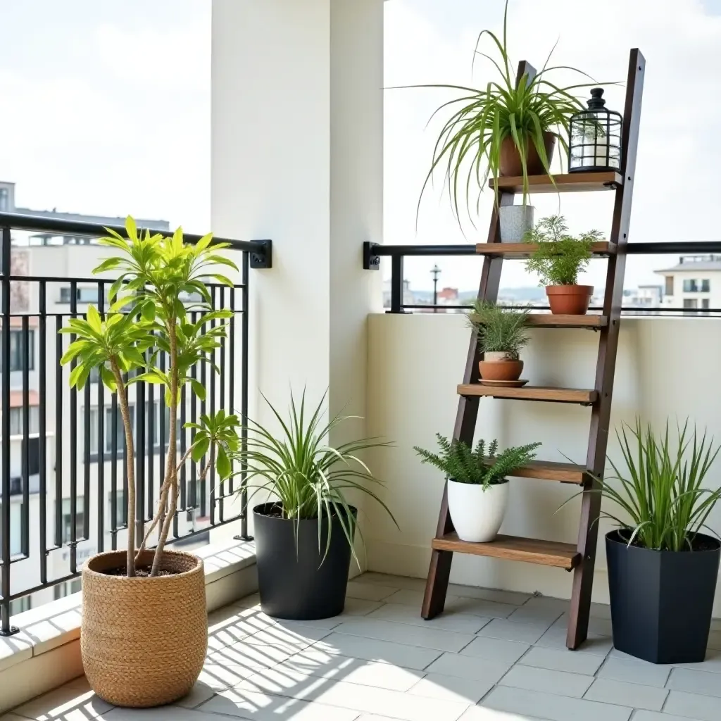 a photo of a balcony featuring a stylish ladder shelf for plants and decor