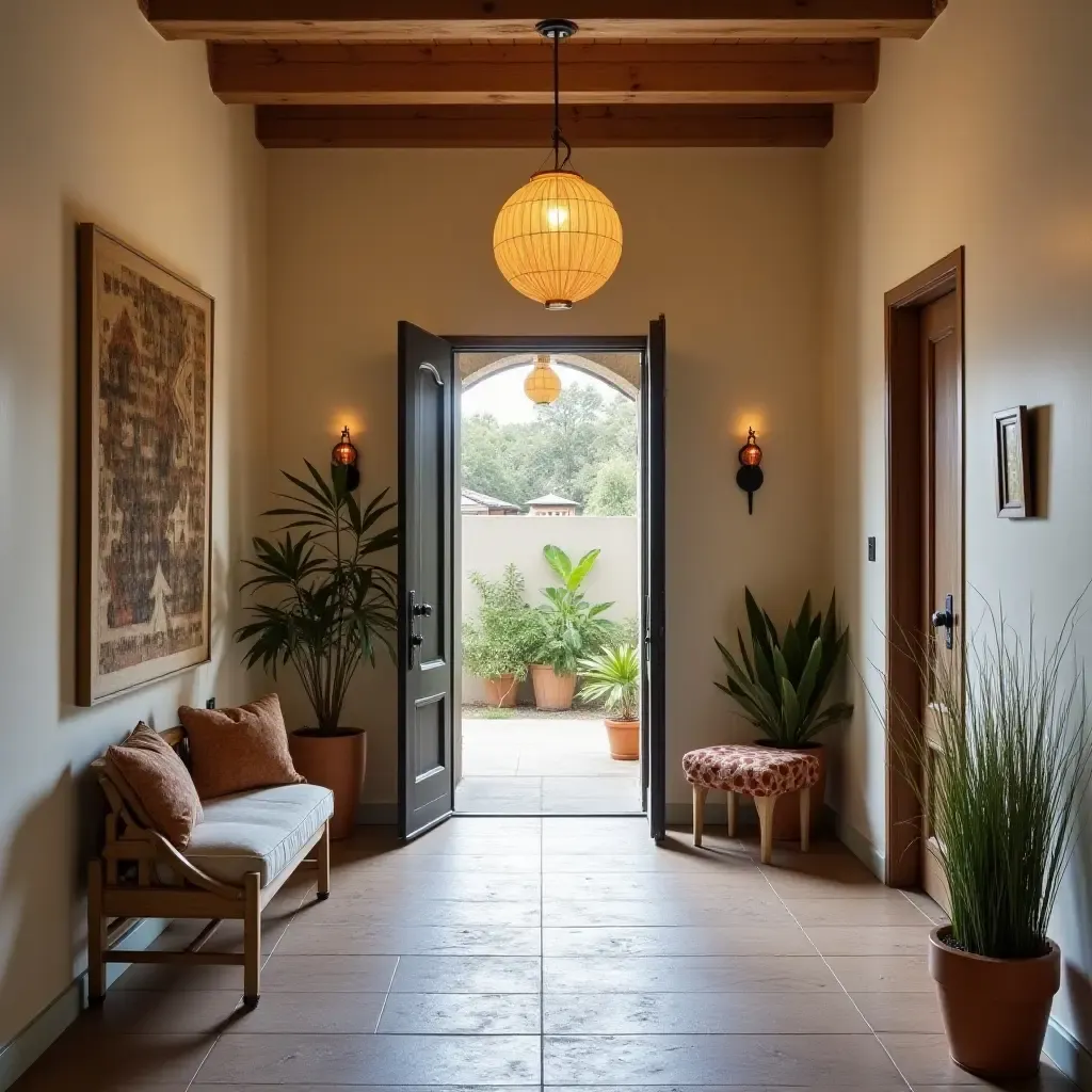 a photo of a bohemian entrance hall with eclectic pendant lighting