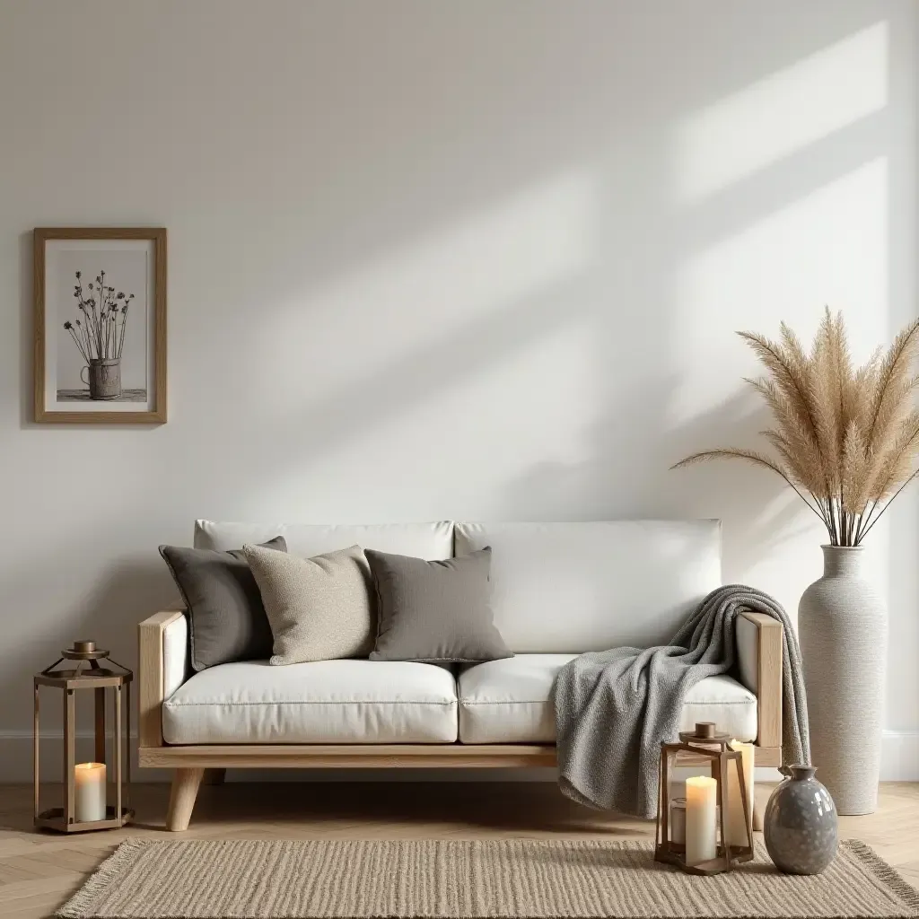 a photo of a stylish farmhouse living room with decorative lanterns and candles