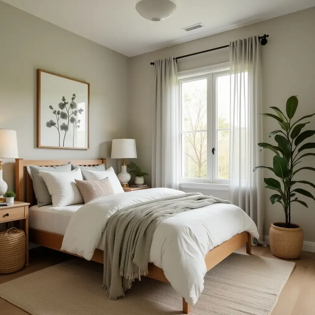 a photo of a serene teen bedroom with calming colors and nature-inspired decor