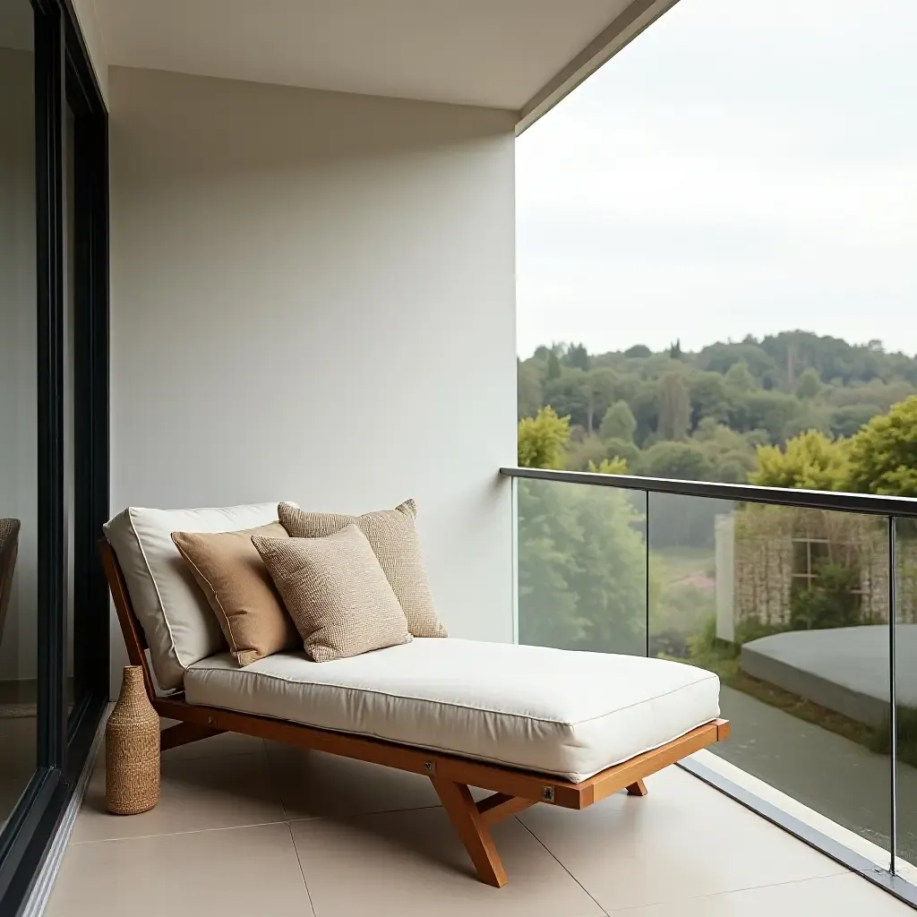 a photo of a balcony showcasing a retro chaise lounge and throw pillows