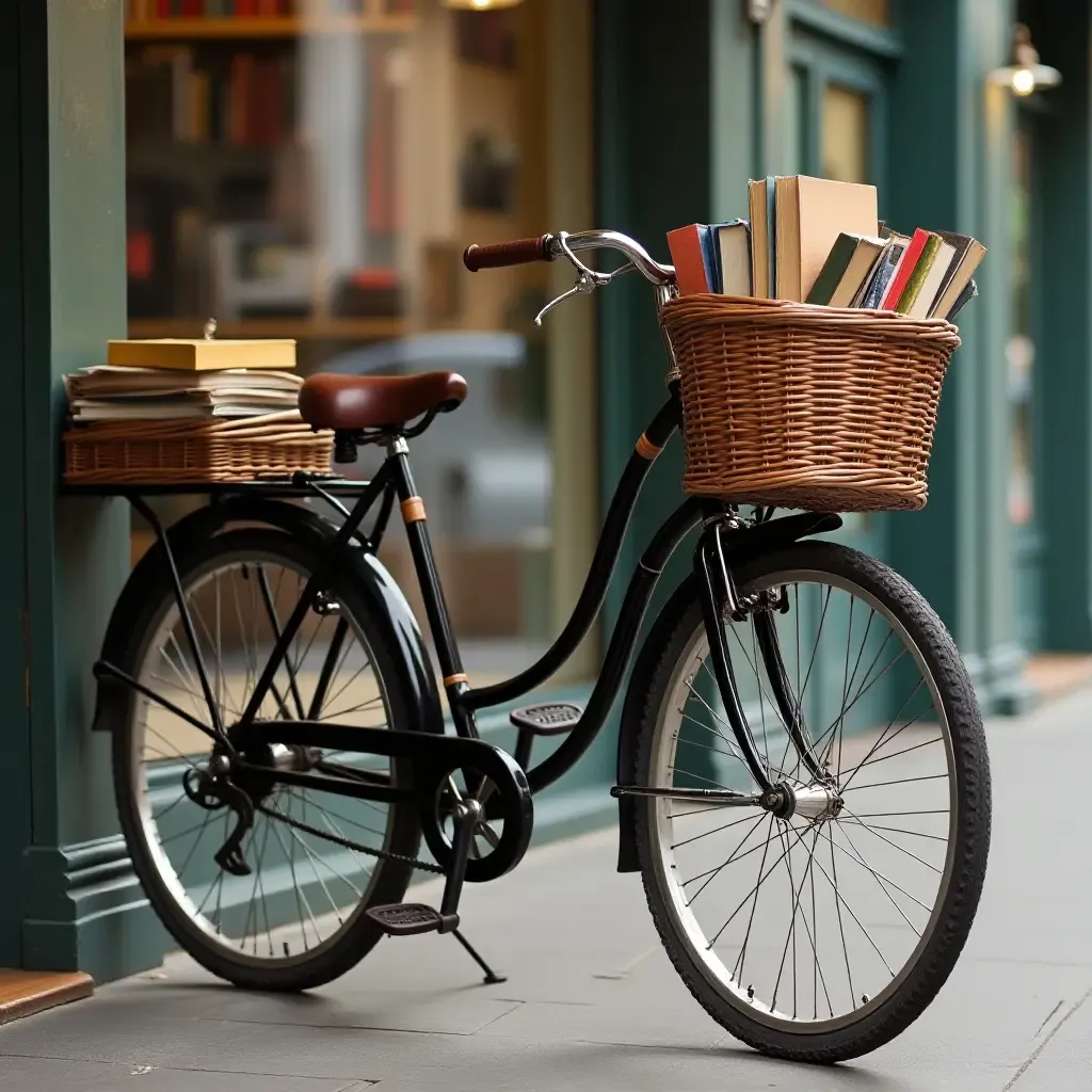 a photo of a vintage bicycle with a basket full of books