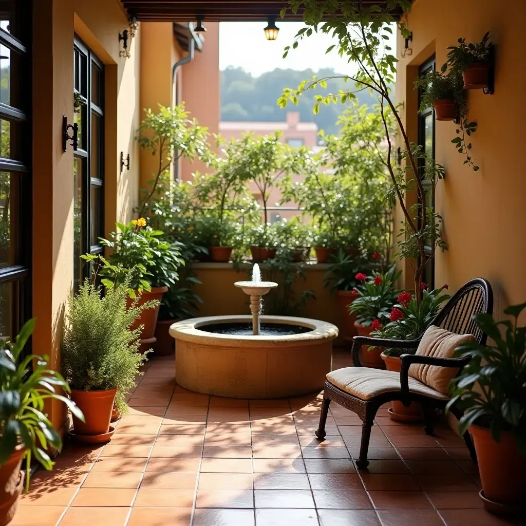 a photo of a balcony with terracotta tiles and a small fountain for tranquility