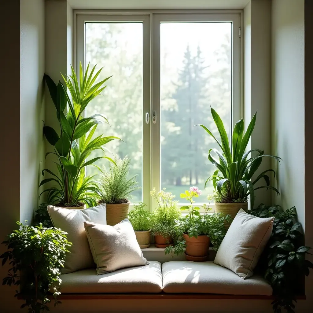 a photo of a plant-filled window seat with cushions for relaxation