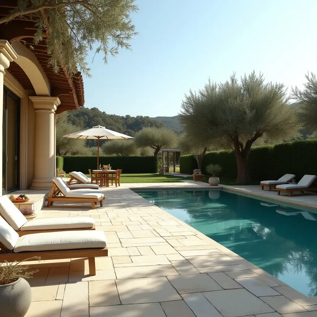 a photo of a stone patio with a pool and olive trees in the background