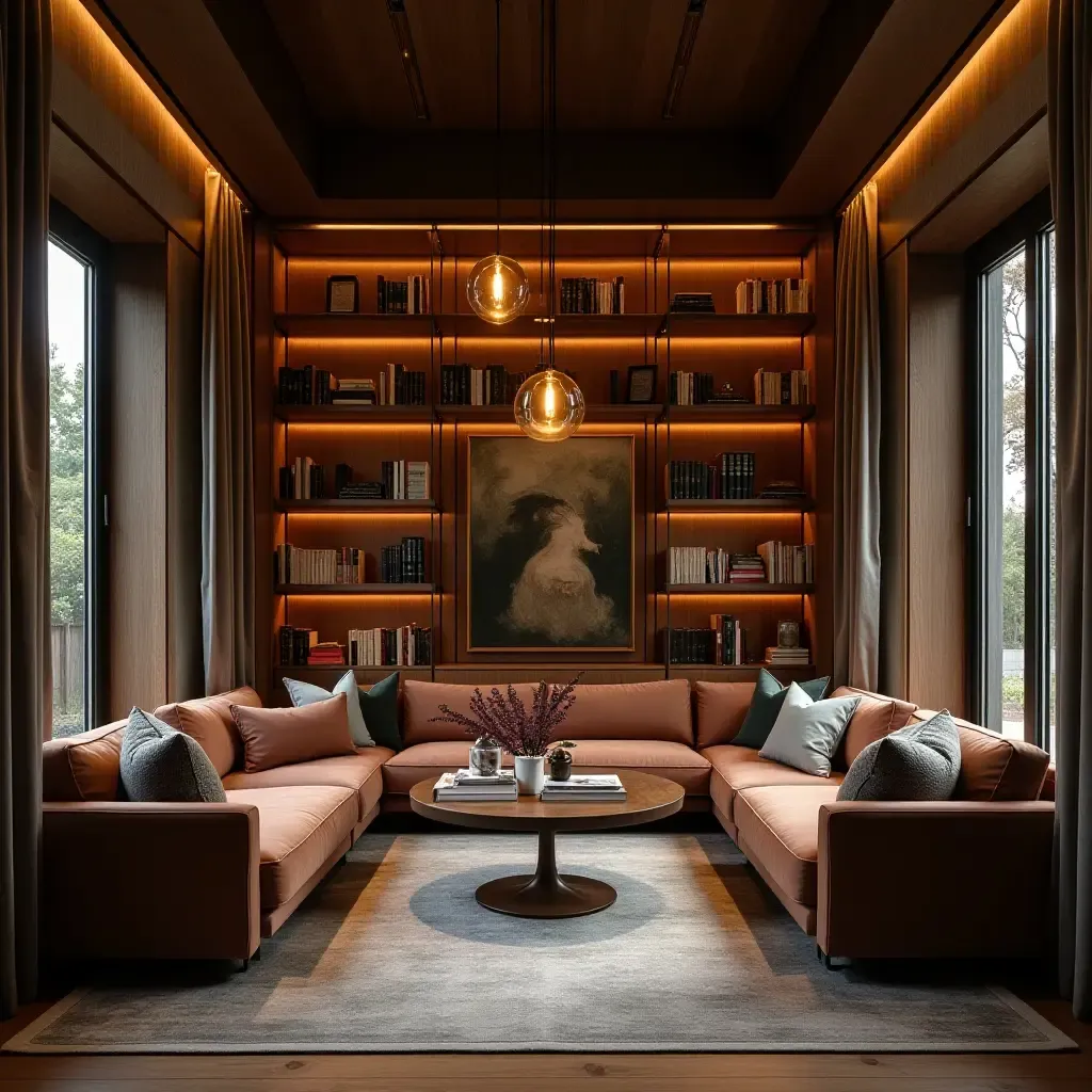 a photo of a library with pendant lights creating a reading nook