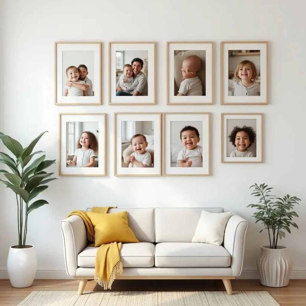 a photo of a colorful gallery wall with framed family photos