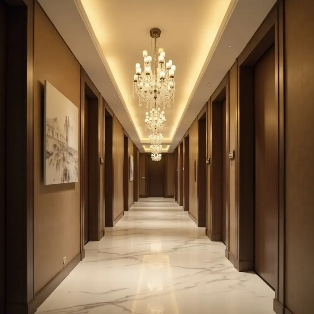 a photo of a corridor with a unique chandelier design