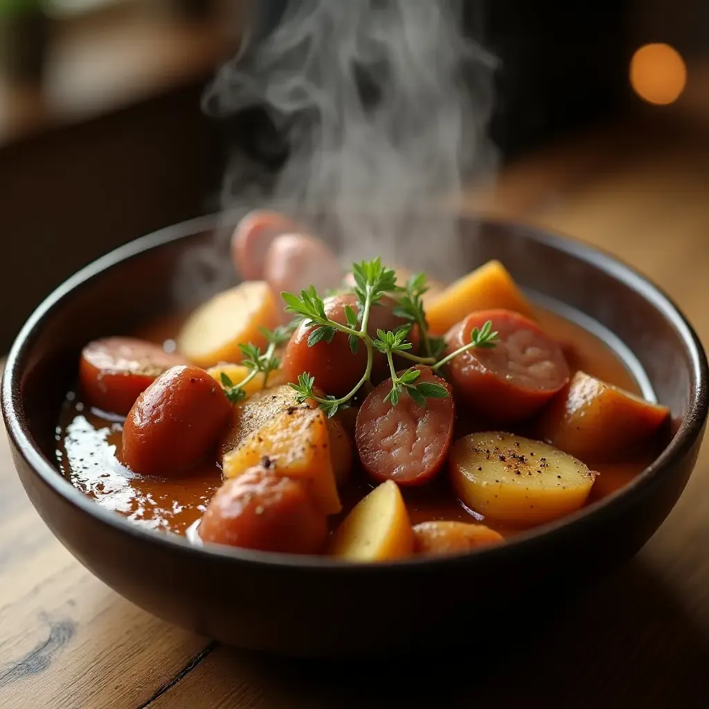 a photo of a steaming bowl of Alsatian choucroute garnie with sausages and potatoes.