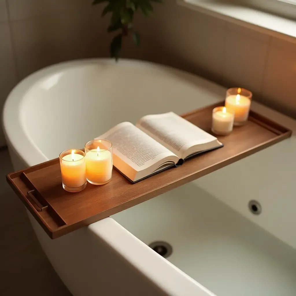 a photo of a wooden bath tray holding candles and a book over a tub