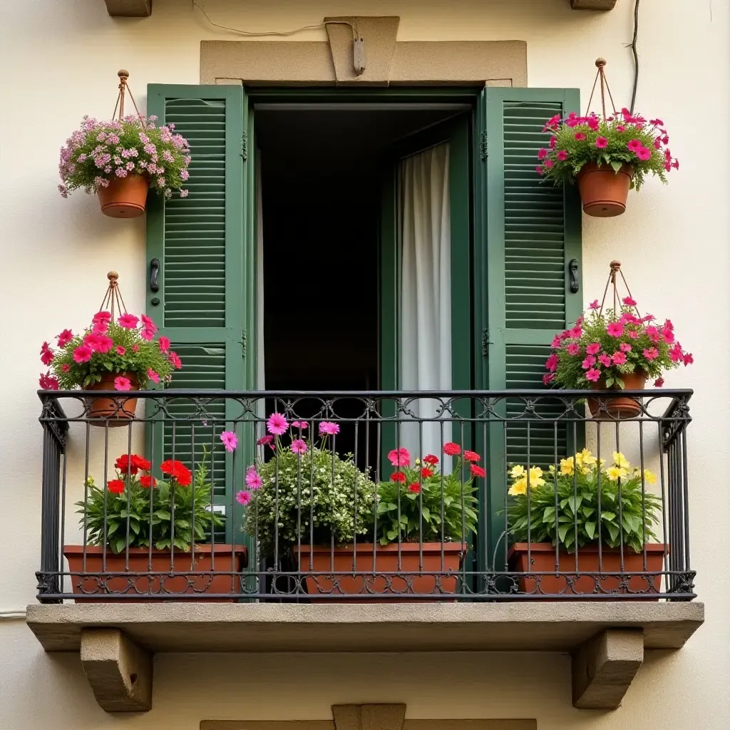 a photo of a balcony with a wall of hanging flower baskets