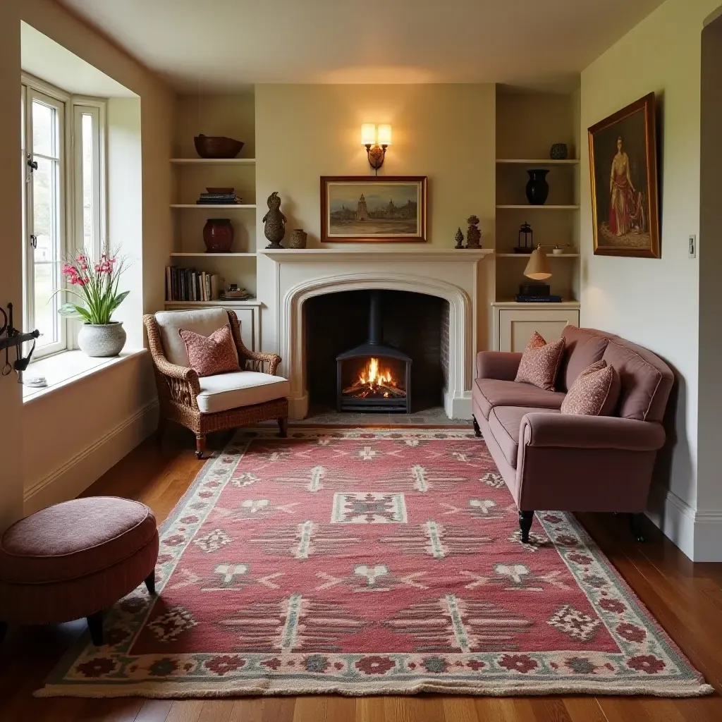 a photo of a traditional kilim rug adding warmth to a basement