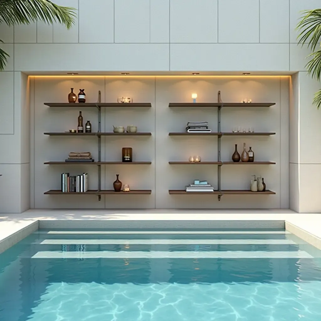 a photo of a contemporary poolside shelf with geometric designs