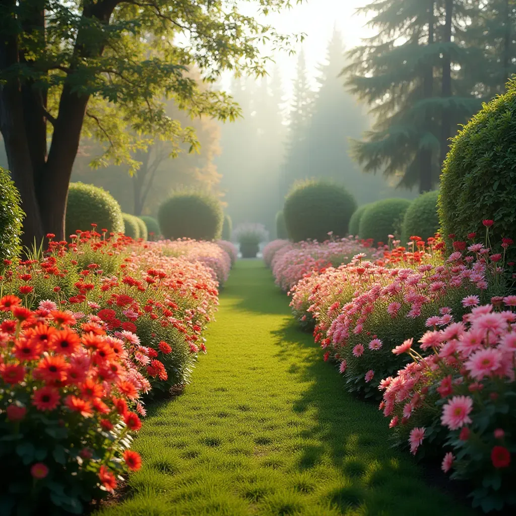 a photo of a beautiful garden with a rainbow of flowers