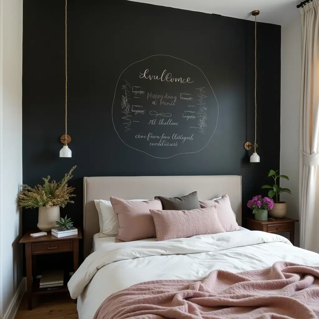 a photo of a bedroom with a DIY chalkboard wall for notes