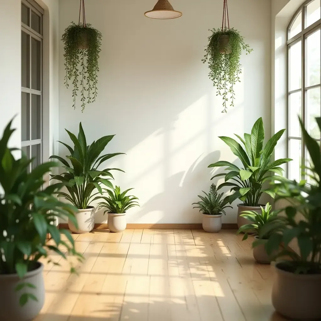 a photo of a bright space with hanging plants and soft lighting