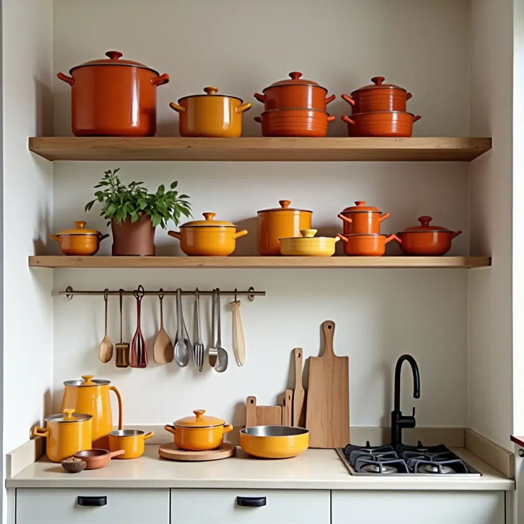 a photo of open shelving with a vibrant display of colorful cookware and utensils