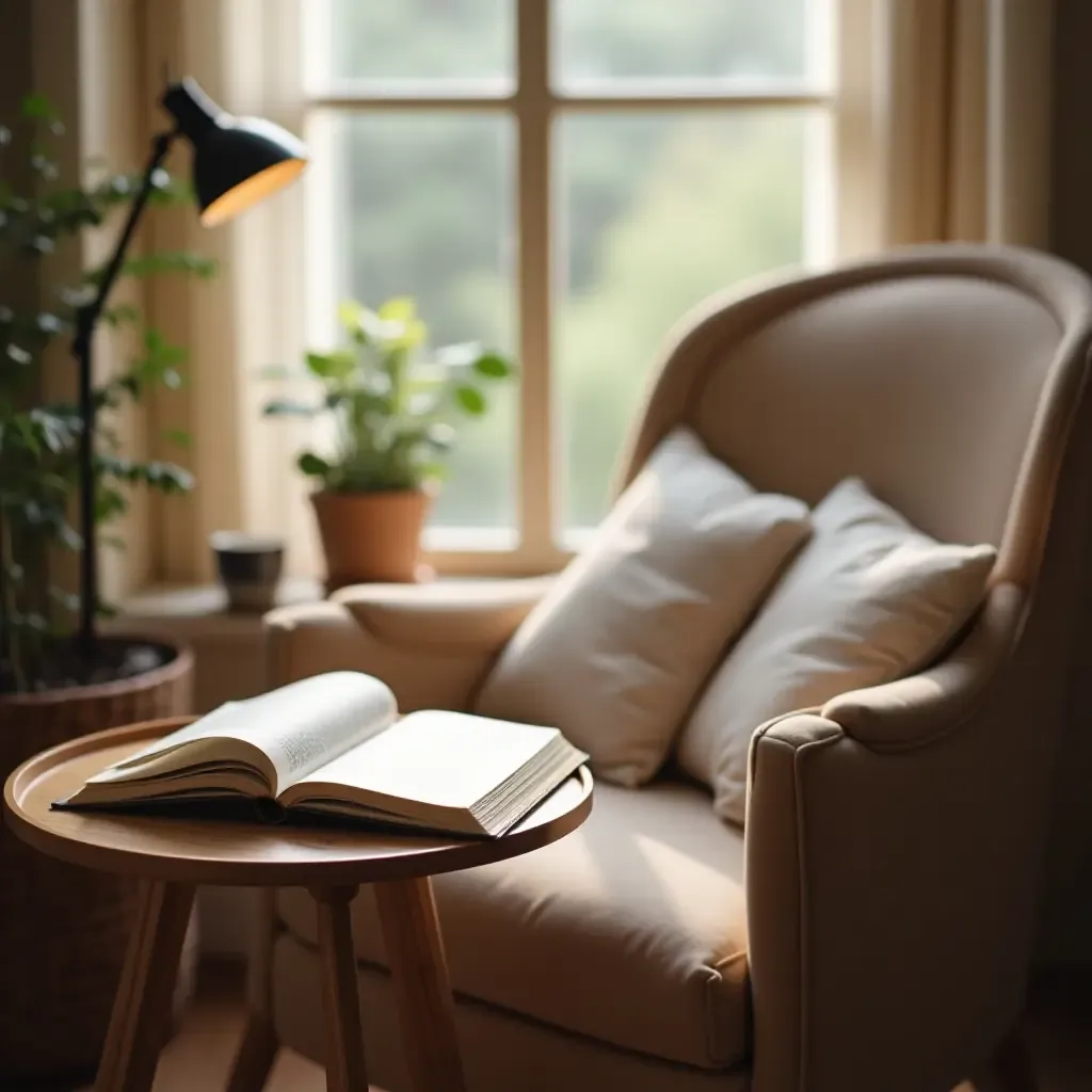 a photo of a reading nook with a small side table and a cup of coffee