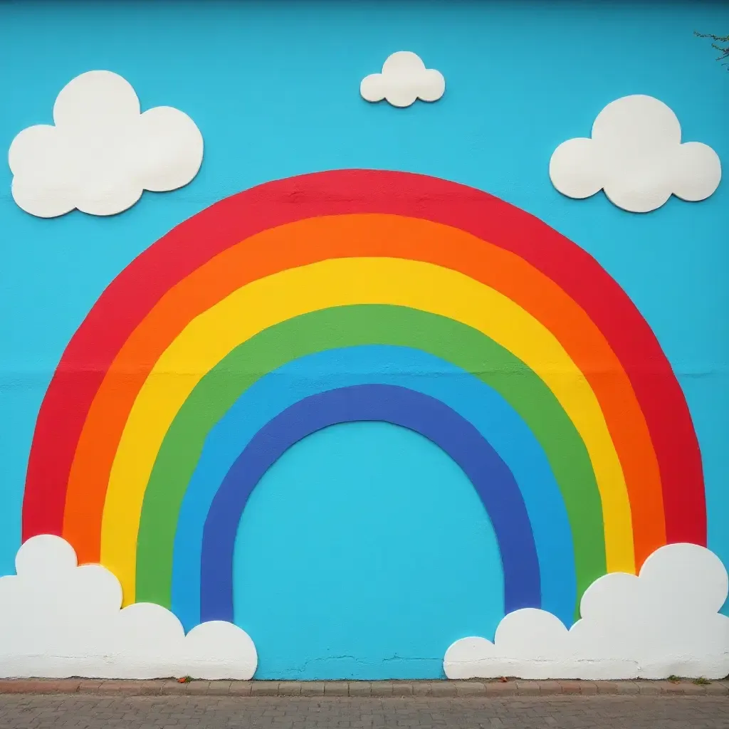 a photo of a colorful rainbow mural with fluffy clouds