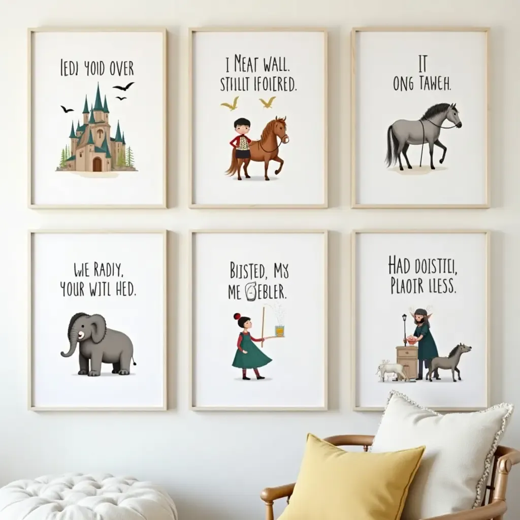 a photo of a gallery wall with fairy tale illustrations and storybook quotes