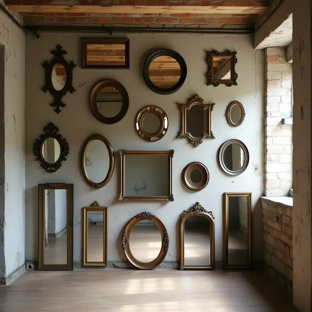 a photo of a basement wall adorned with a collection of vintage mirrors