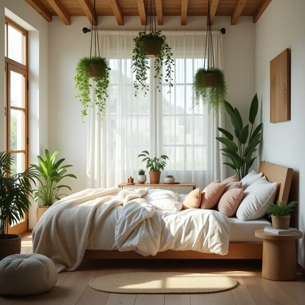 a photo of a serene boho bedroom with hanging plants and soft lighting