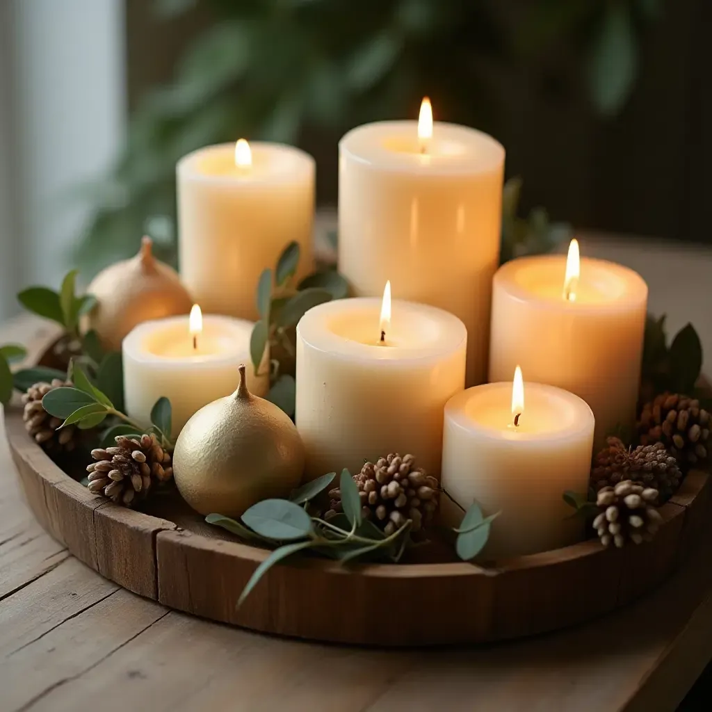 a photo of a rustic wooden tray with assorted candles and greenery