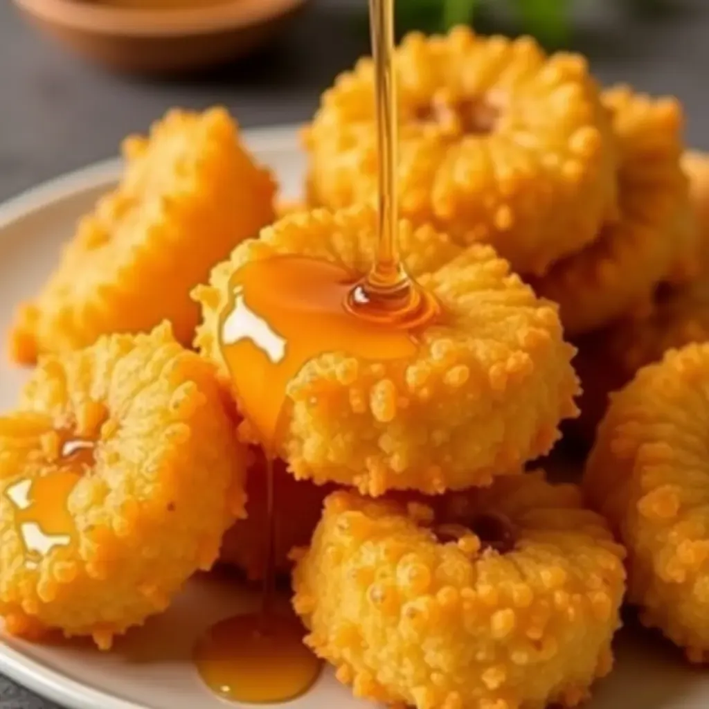 a photo of golden Thai fried bananas with a crispy coating, drizzled with honey.