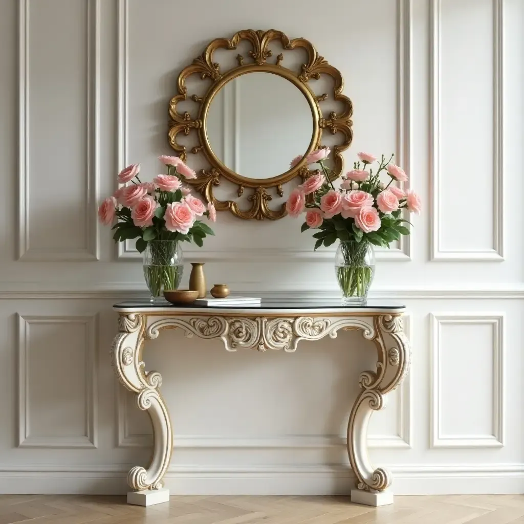 a photo of an elegant console table adorned with fresh flowers