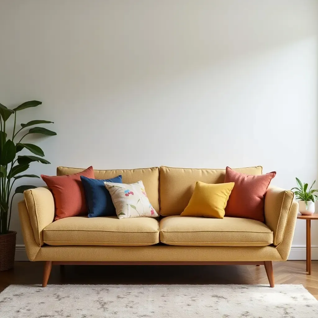 a photo of a mid-century modern sofa with vibrant throw pillows