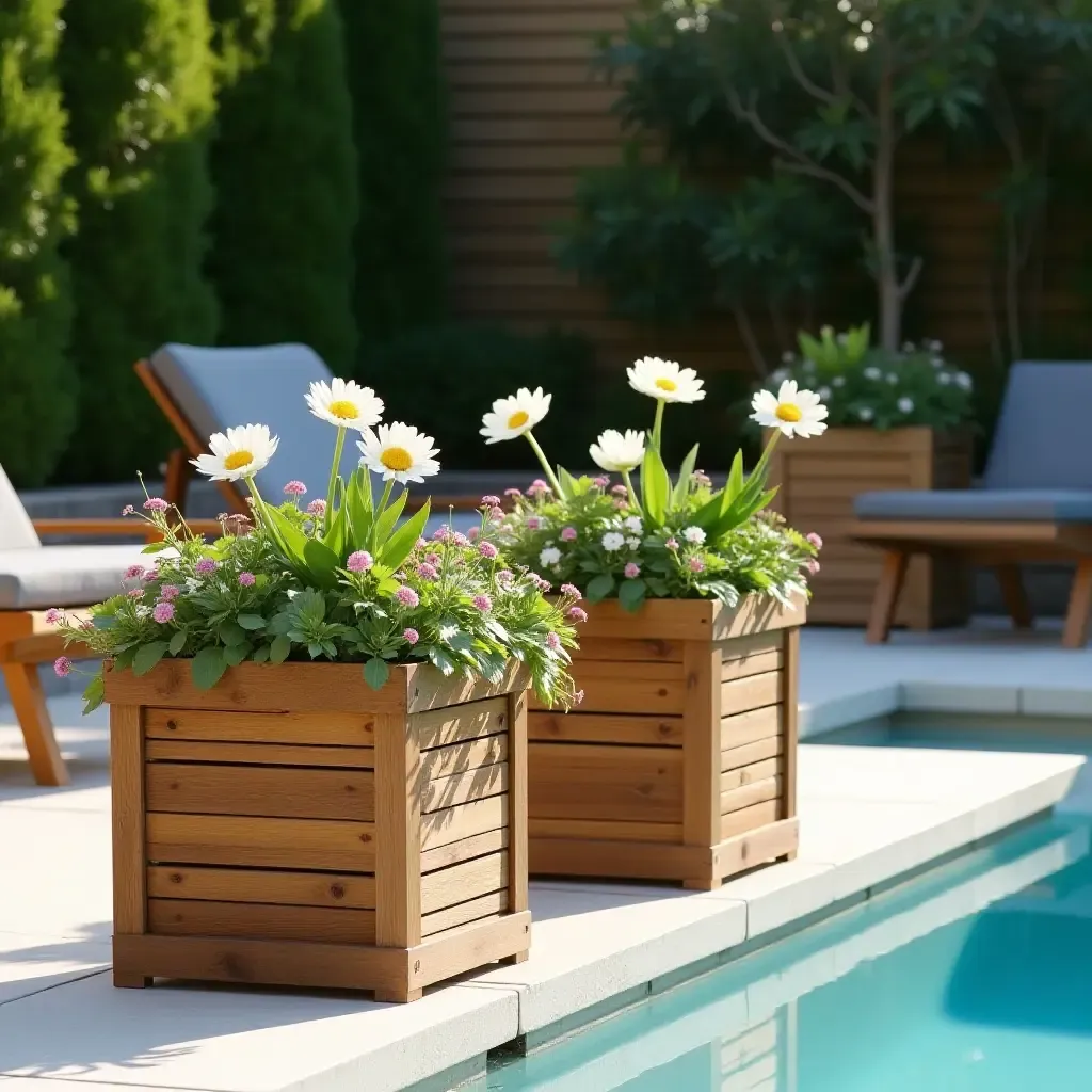 a photo of wooden planters filled with flowers near the pool