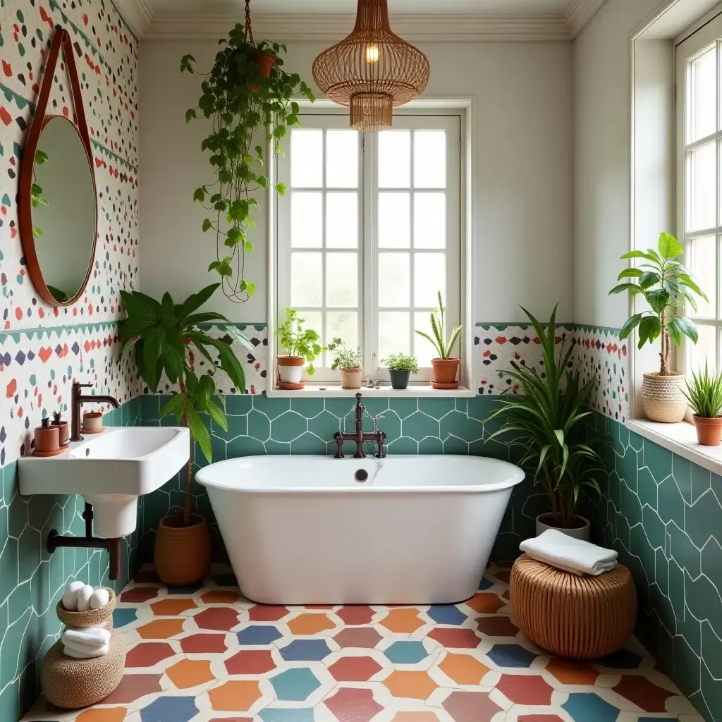 a photo of a bohemian bathroom with colorful tiles and hanging plants