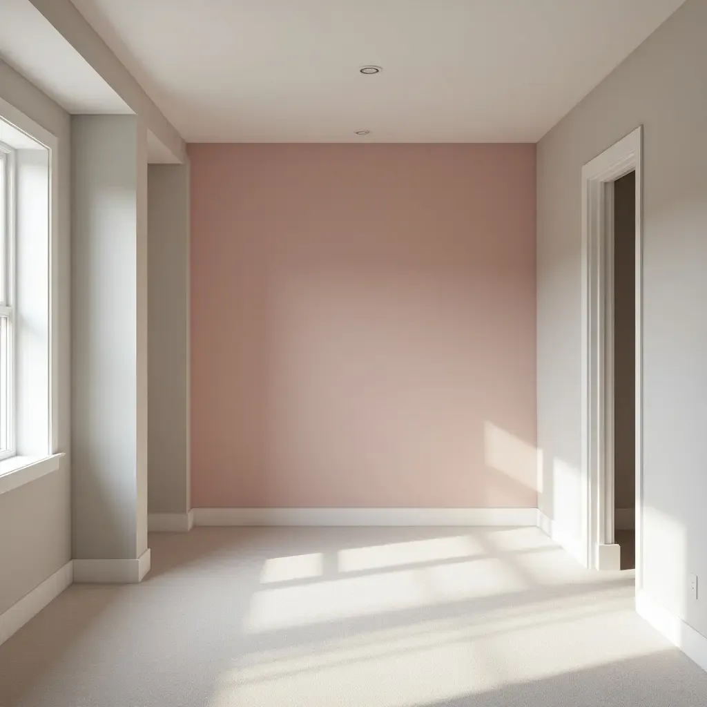 a photo of a basement in serene shades of soft gray and blush pink