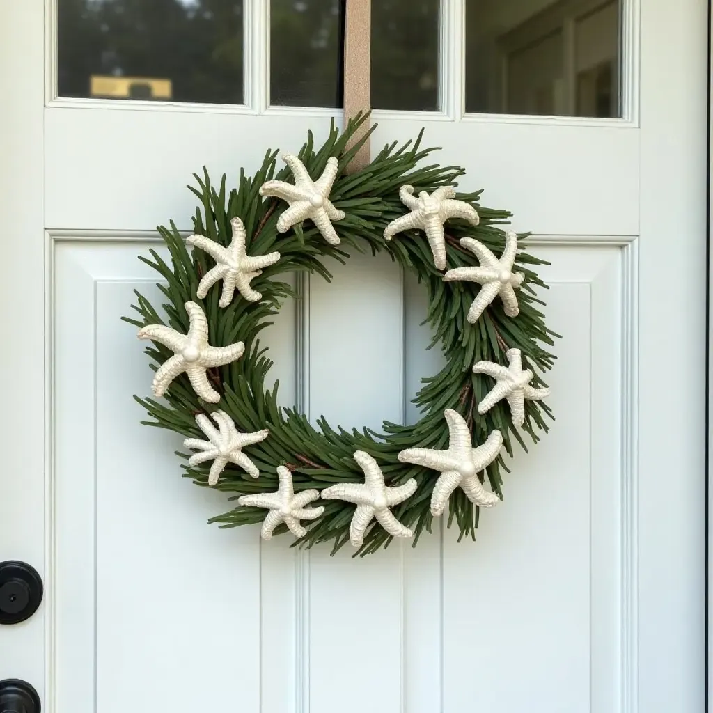 a photo of a DIY beach-themed wreath for pool entrance