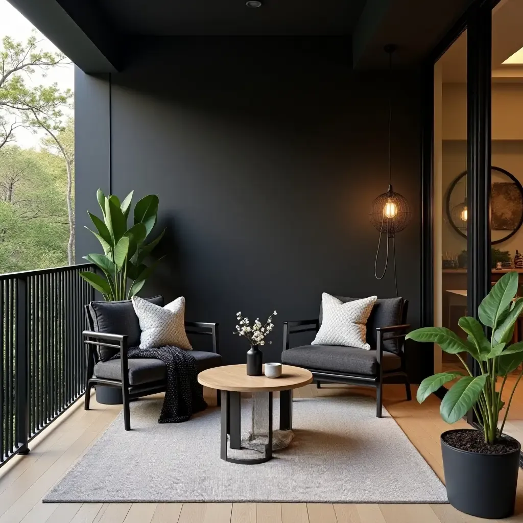 a photo of a chic balcony featuring black and gold color scheme with stylish furniture