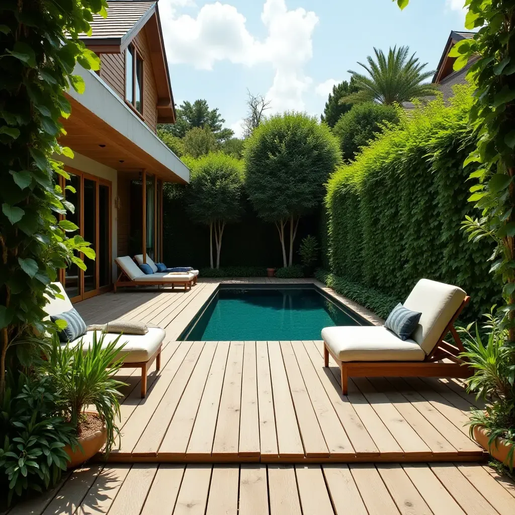 a photo of a wooden deck with greenery and poolside chairs