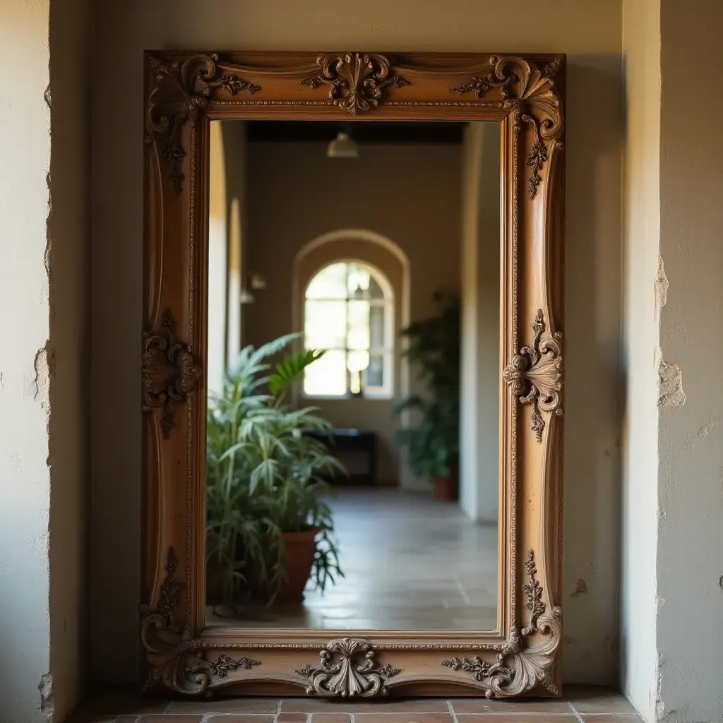 a photo of a rustic mirror with an ornate wooden frame reflecting the cozy space