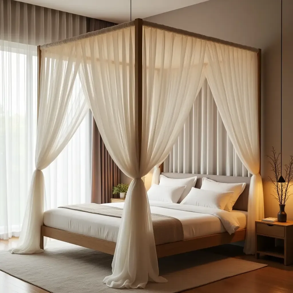 a photo of a dreamy canopy bed draped in sheer fabric