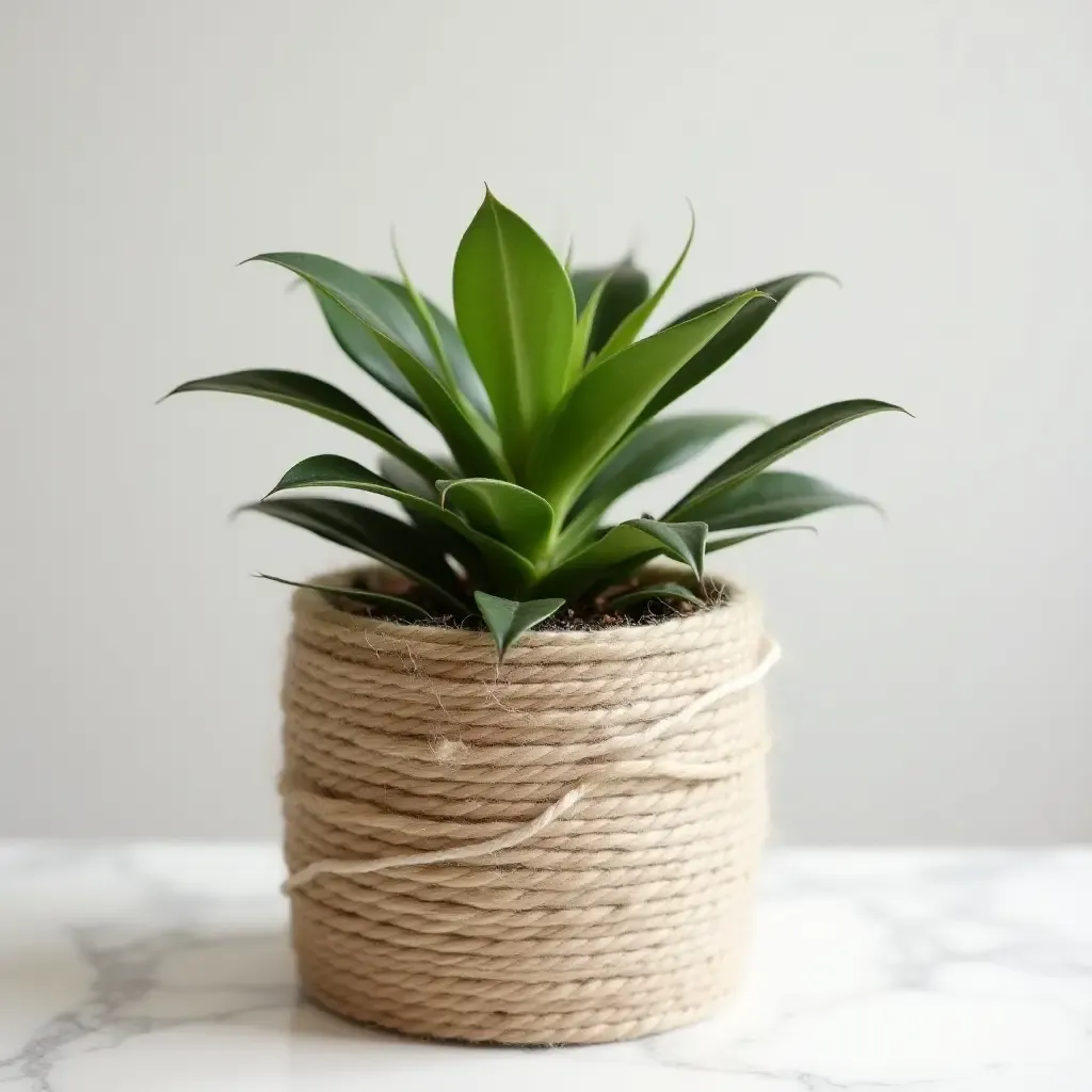 a photo of a DIY plant holder made from twine