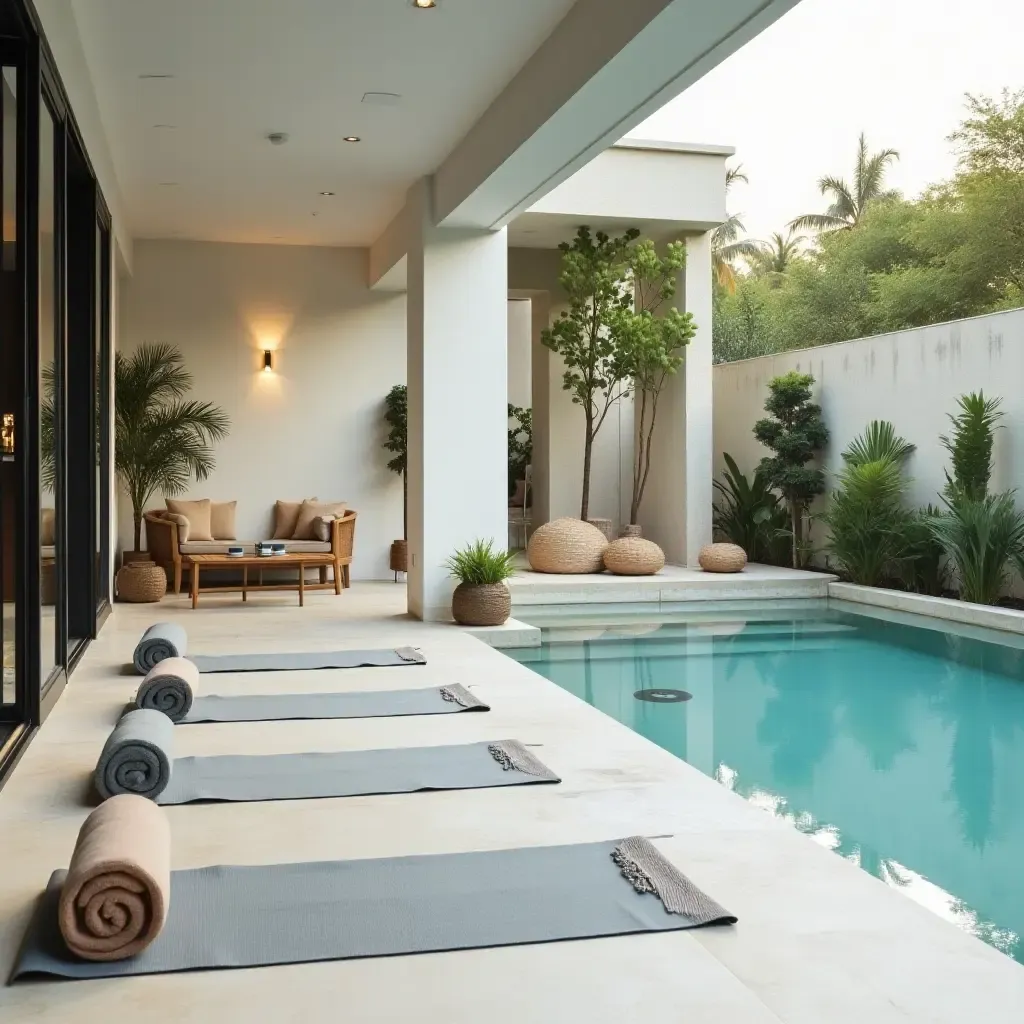 a photo of a chic poolside yoga area with mats and calming decor