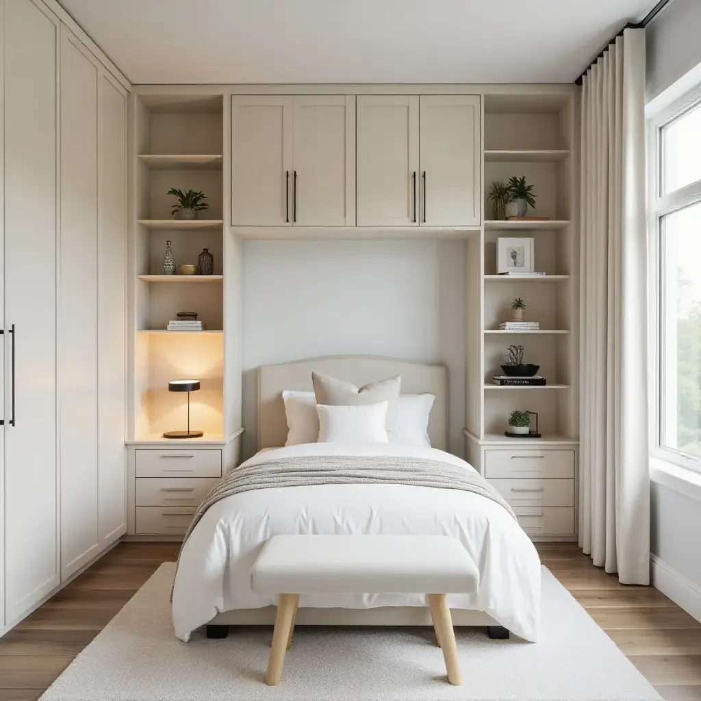 a photo of a stylish teen bedroom with a personalized storage area