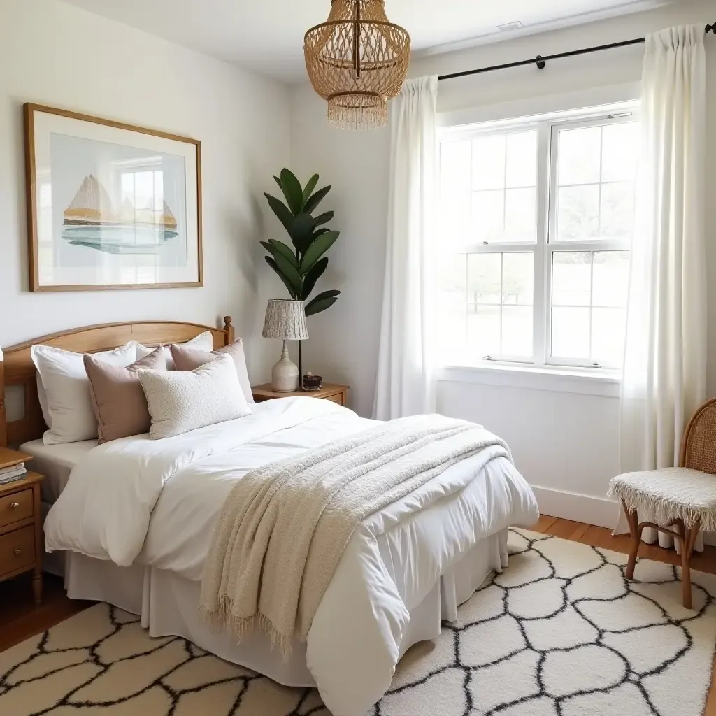 a photo of a chic teen bedroom with farmhouse decor and a touch of bohemian style