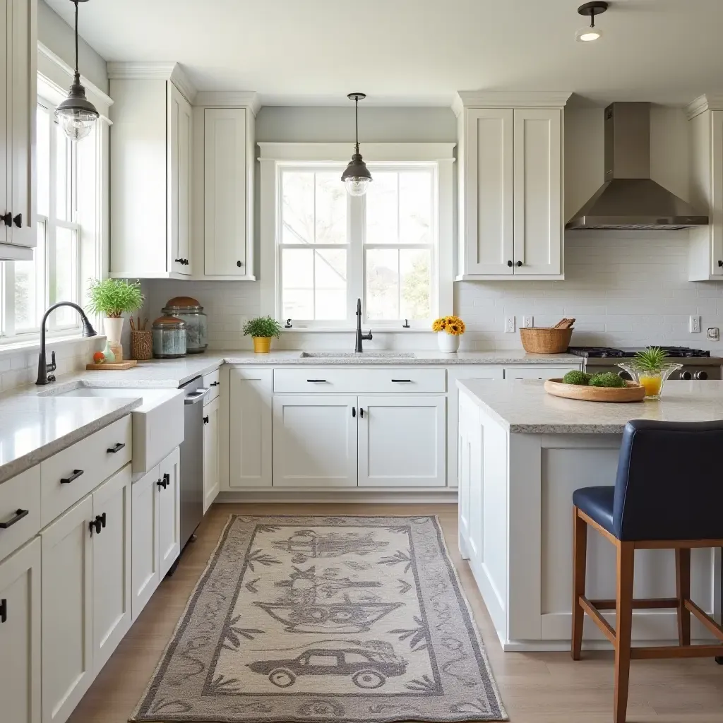 a photo of a coastal kitchen with a nautical-themed rug