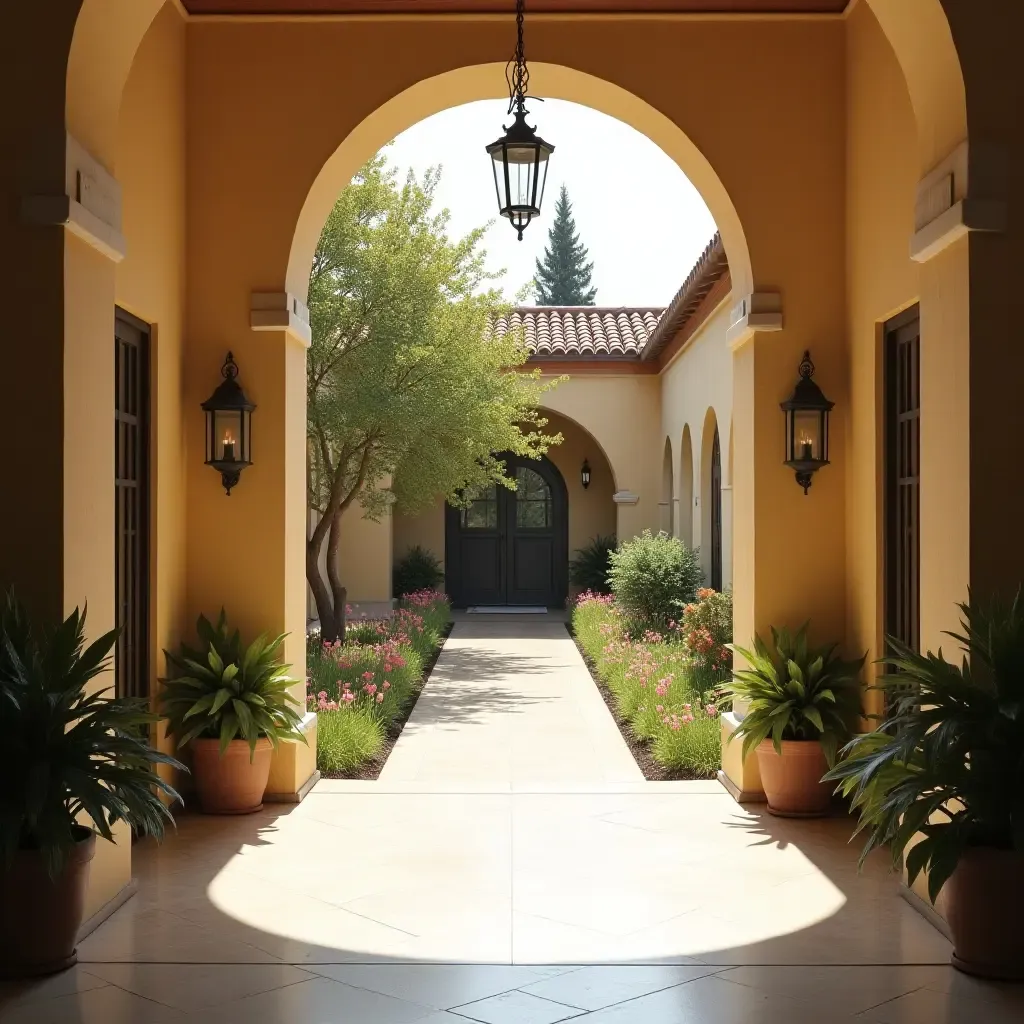 a photo of an entrance hall featuring a sun-drenched courtyard with flowers