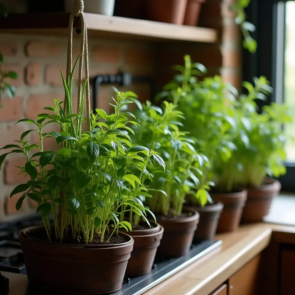 a photo of a kitchen with a hanging garden of herbs