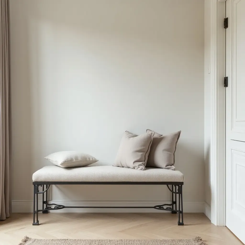 a photo of a stylish metal bench with cushions in a hallway